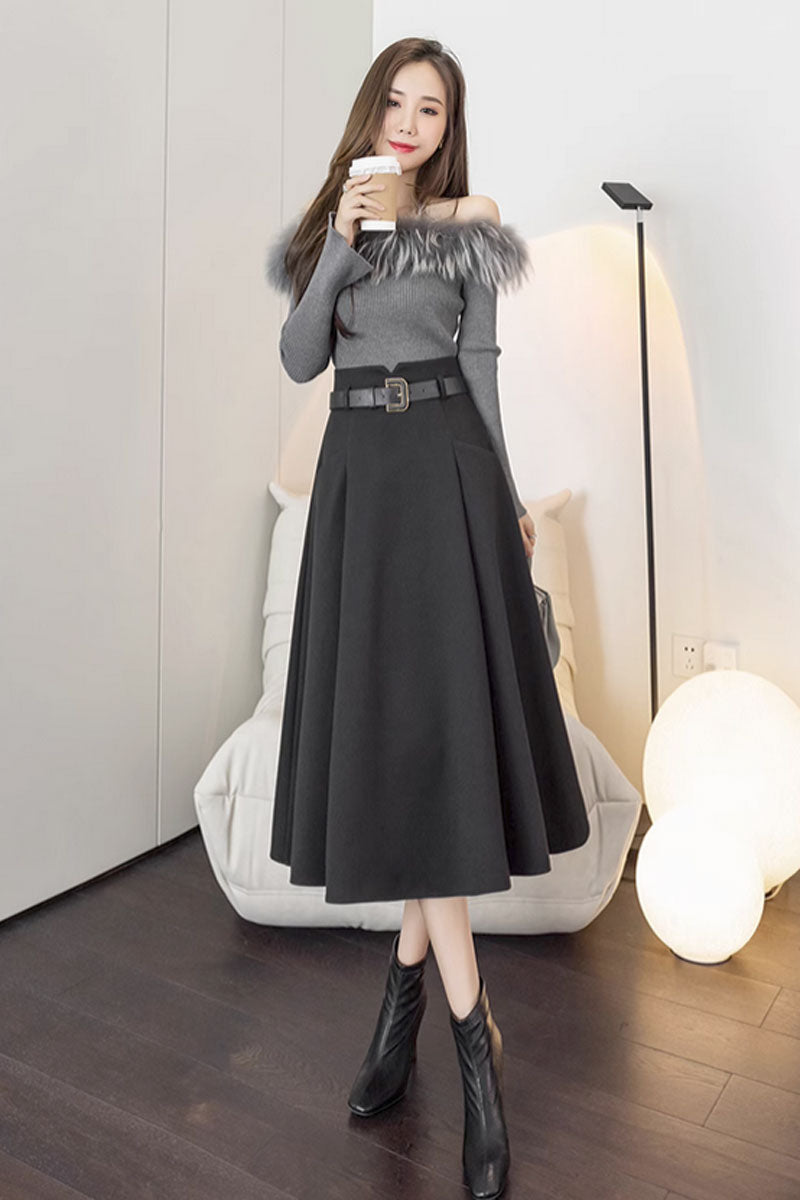 High waisted a line winter wool skirt with pockets C3432