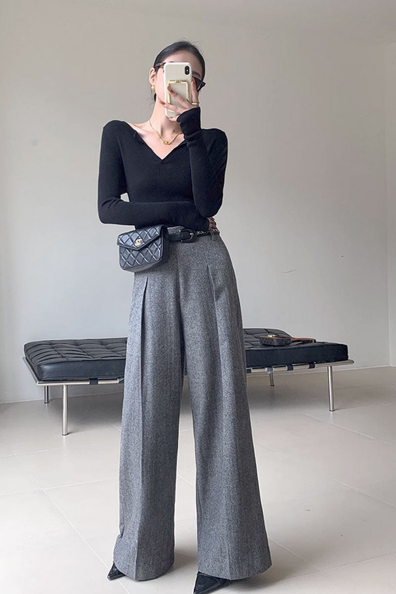 Gray wide leg wool pant, womens maxi winter wool pants C3437
