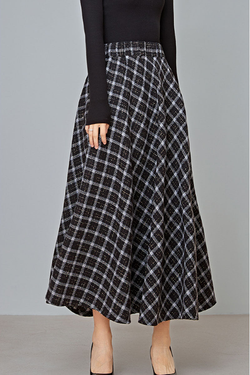 Plaid a line long wool skirt with elastic waist C3721