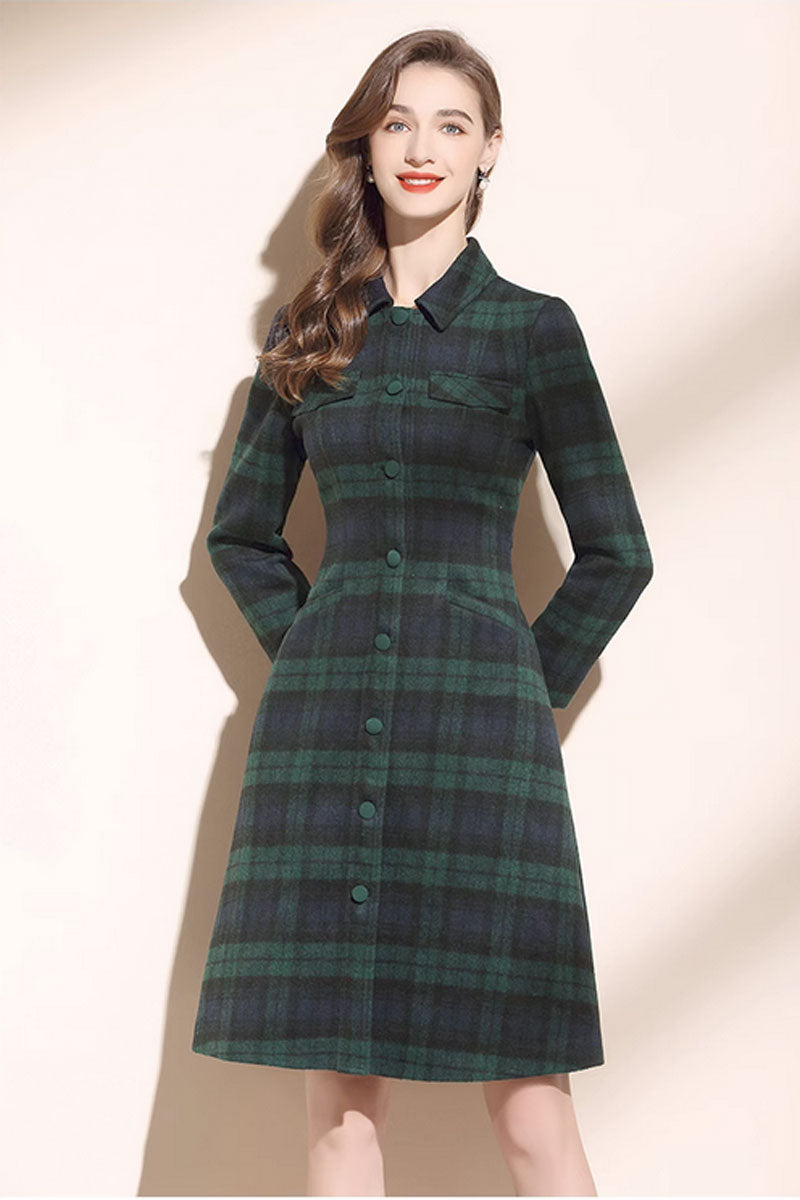 green plaid long sleeves winter wool dress women C3445