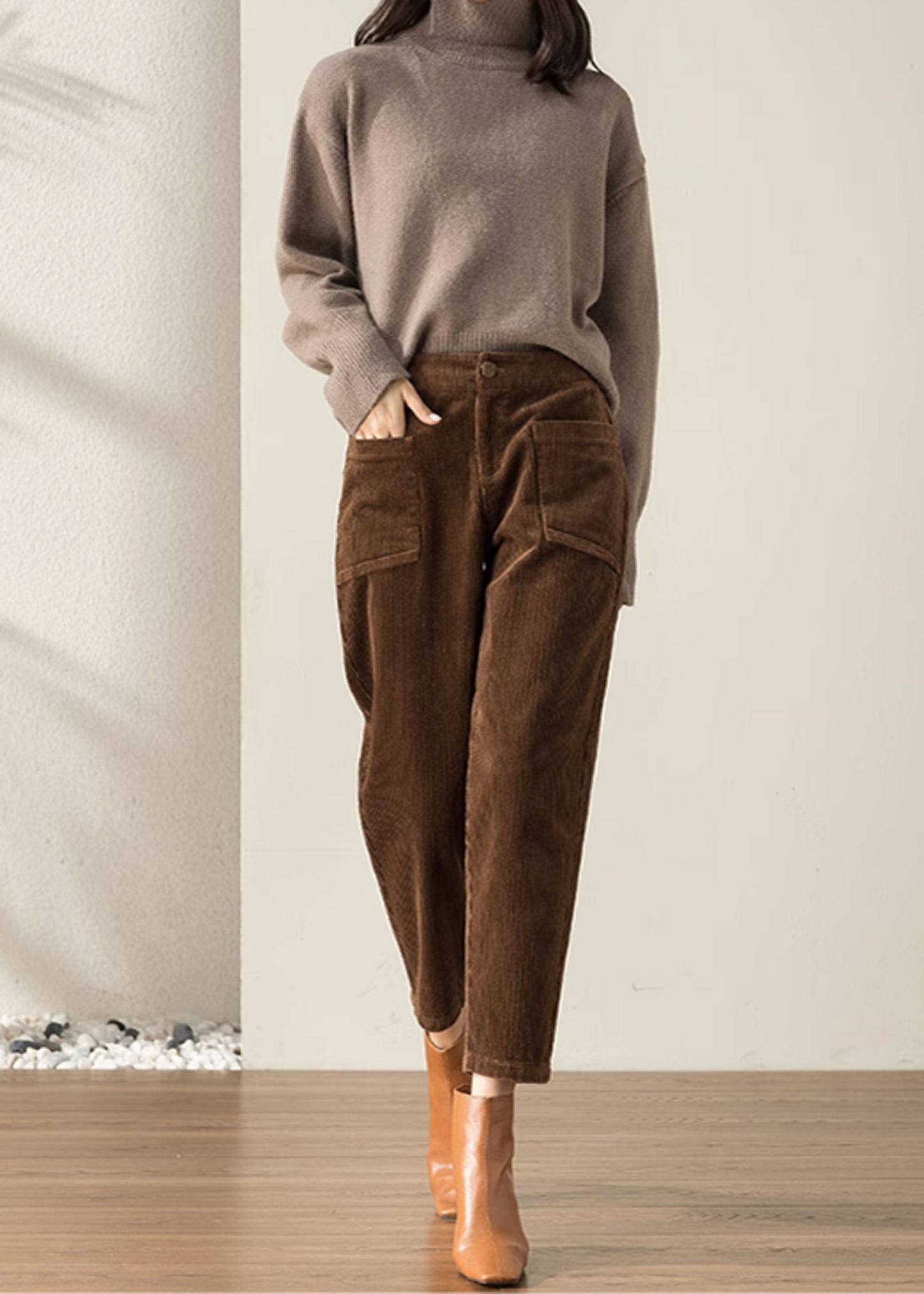 Women's Tapered Pants, Elastic Waist Corduroy Pants C3509