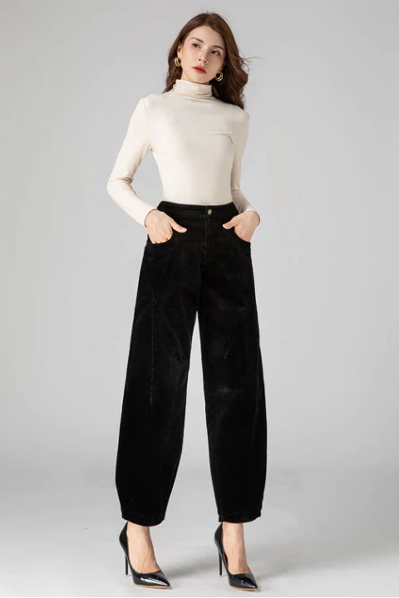 Black Corduroy Pants Women, Tapered Pants C3592