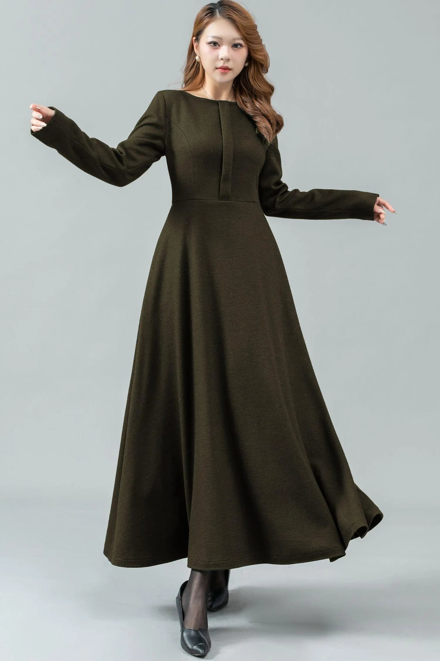 military green maxi dress Army Wool with A-Line Silhouette and Long Sleeves C5175 Green / M Dress to Impress: Halloween swatches-powell-mini-dress slip strips) Colors:Green