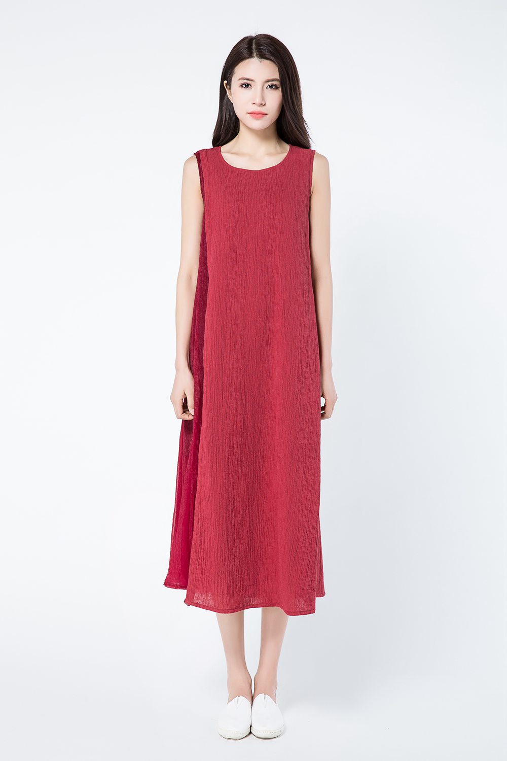 Sleeveless red summer linen dresses c1082