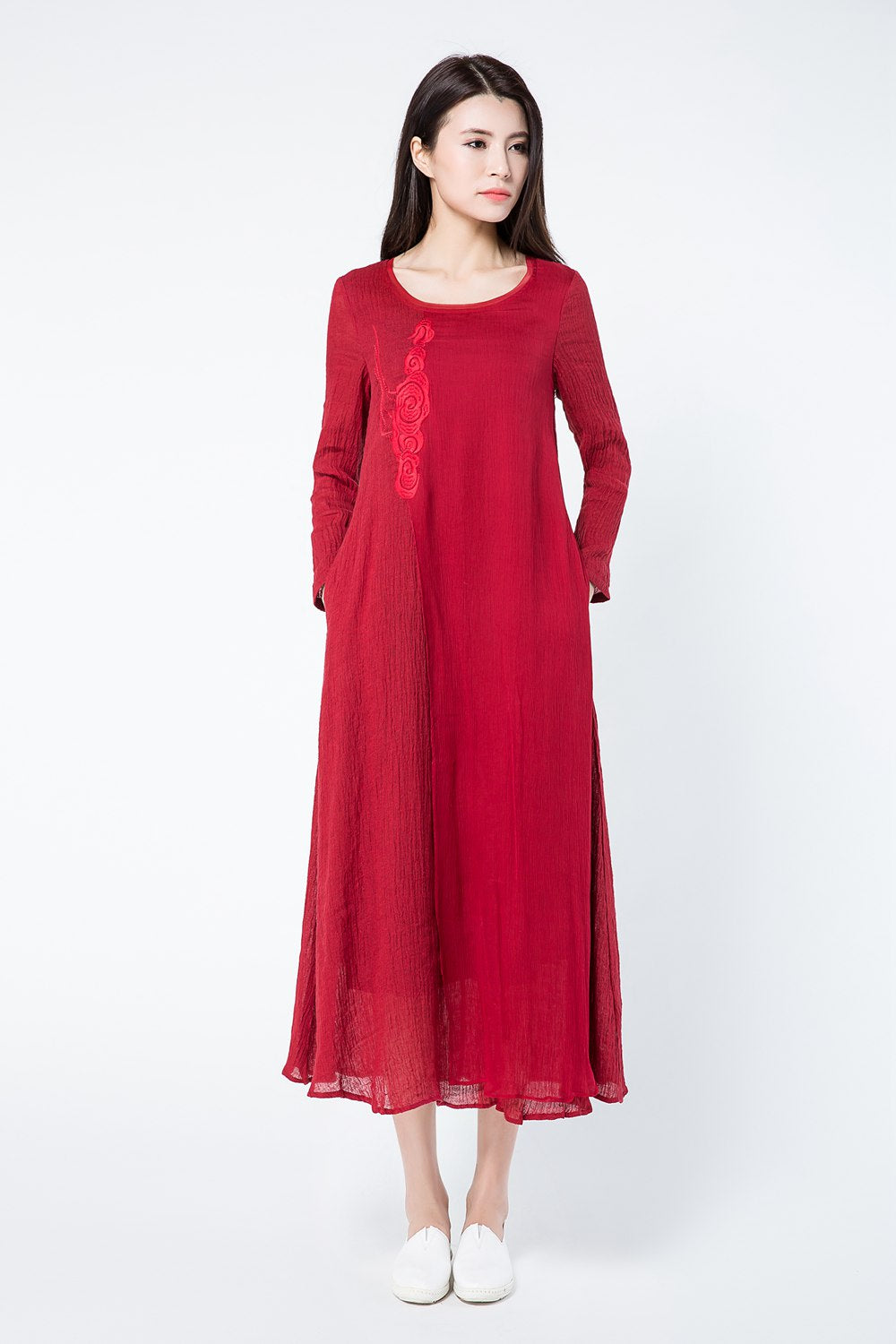 Long sleeves red summer linen dresses c1083