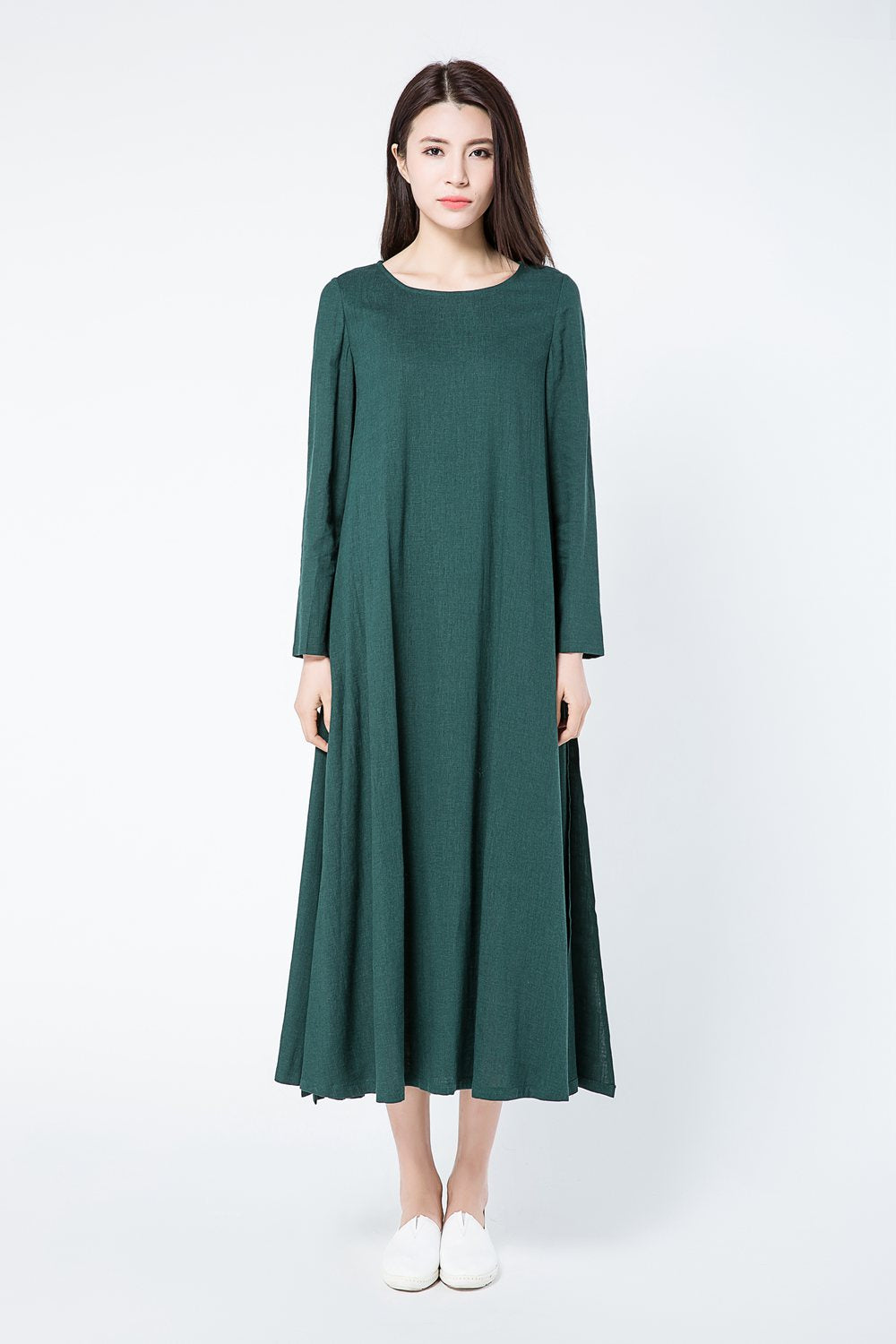 Green loose fitting linen dress women c1086