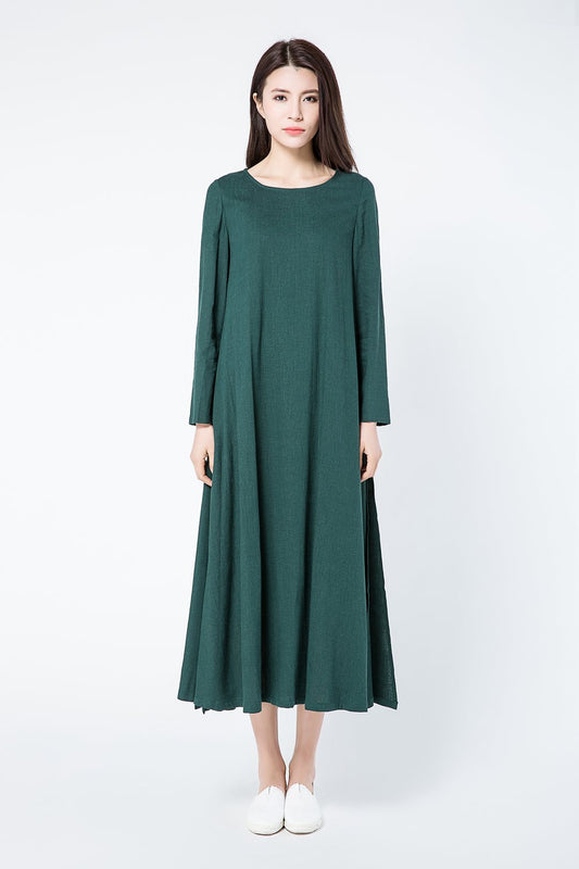 Green loose fitting linen dress women c1086