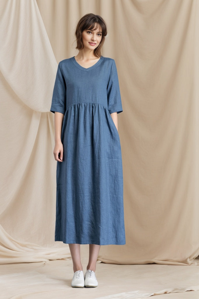 Blue linen dress womens long linen dress with pockets C4800