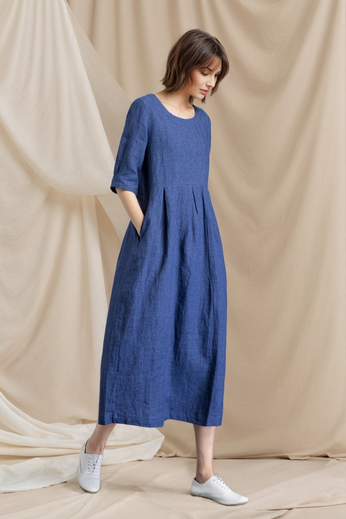 Handmade fashion blue casual linen dress C4801