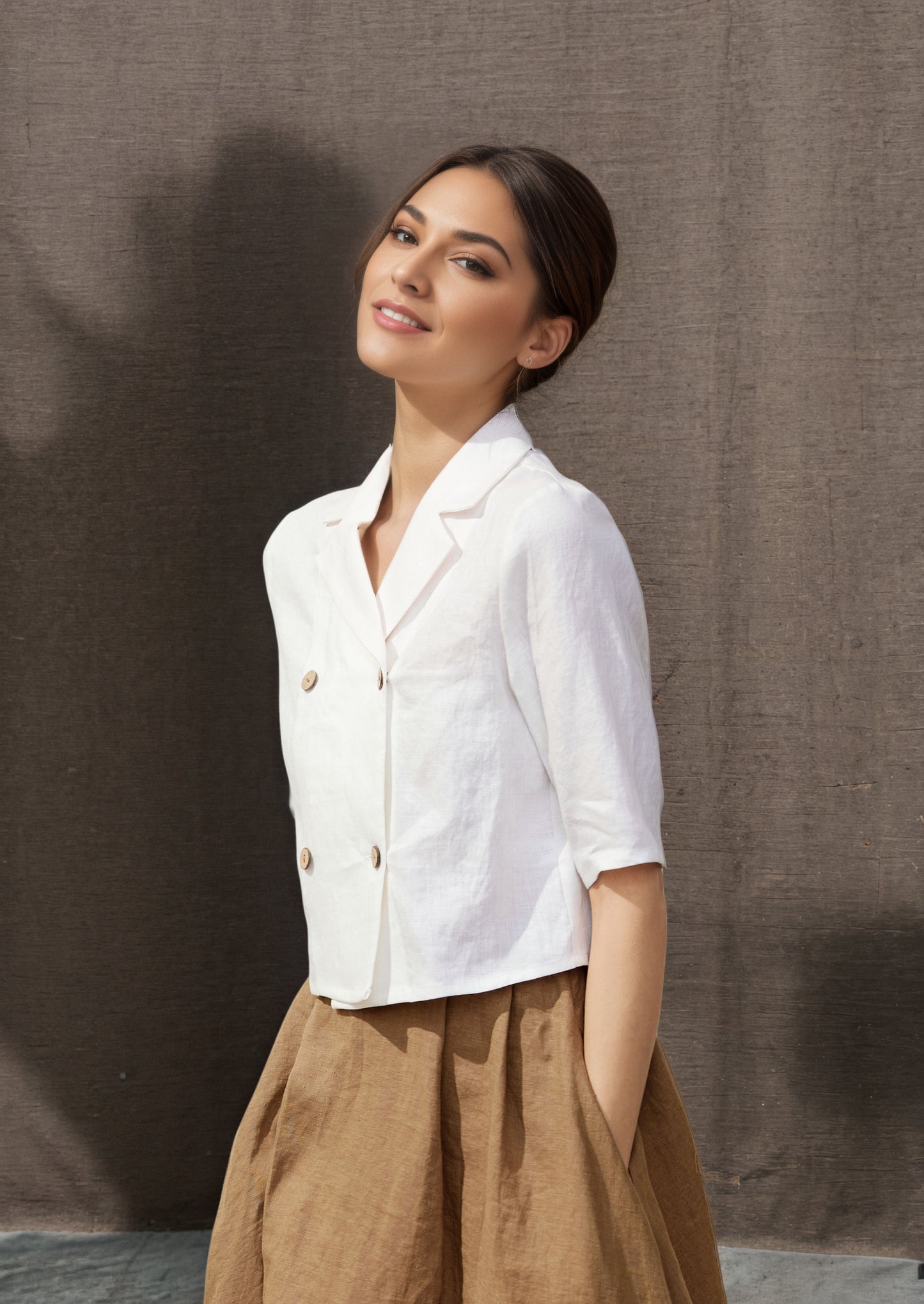 White Double Breasted Linen Shirt C4848