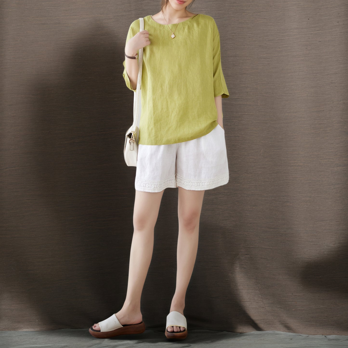 Green Half Sleeve Linen Tops C4855