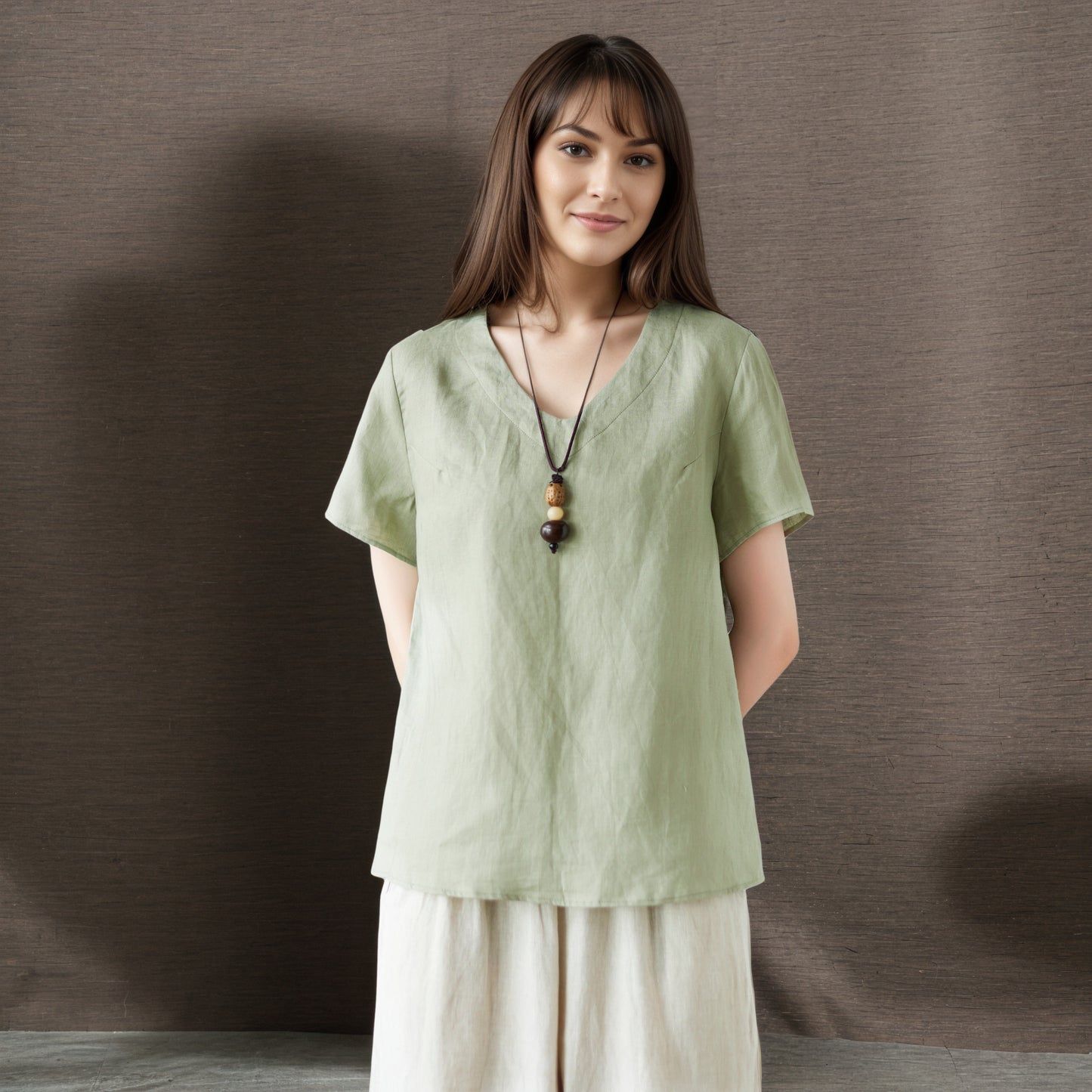 Green linen casual loose blouse C4856