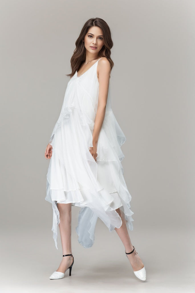 White Chiffon Flare Wedding V Neck Dress C904