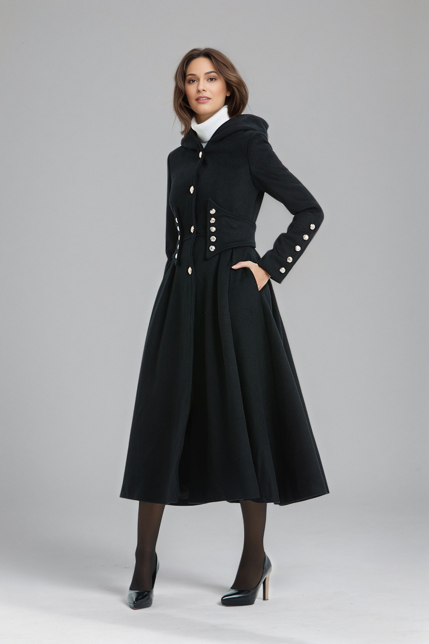 Military Hooded Winter Black Wool Coat C5135