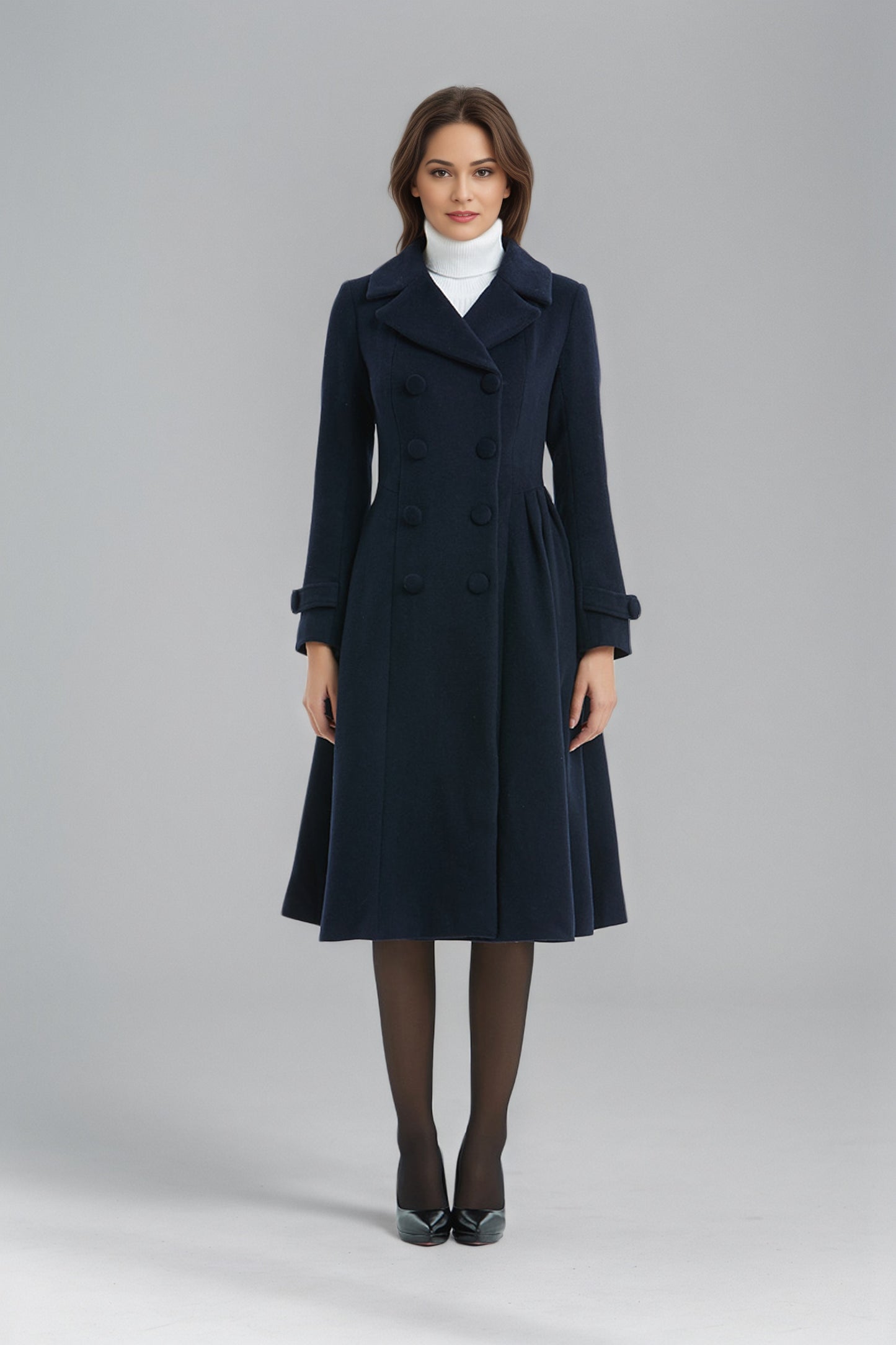 Double breasted Navy Blue Wool Coat C5136