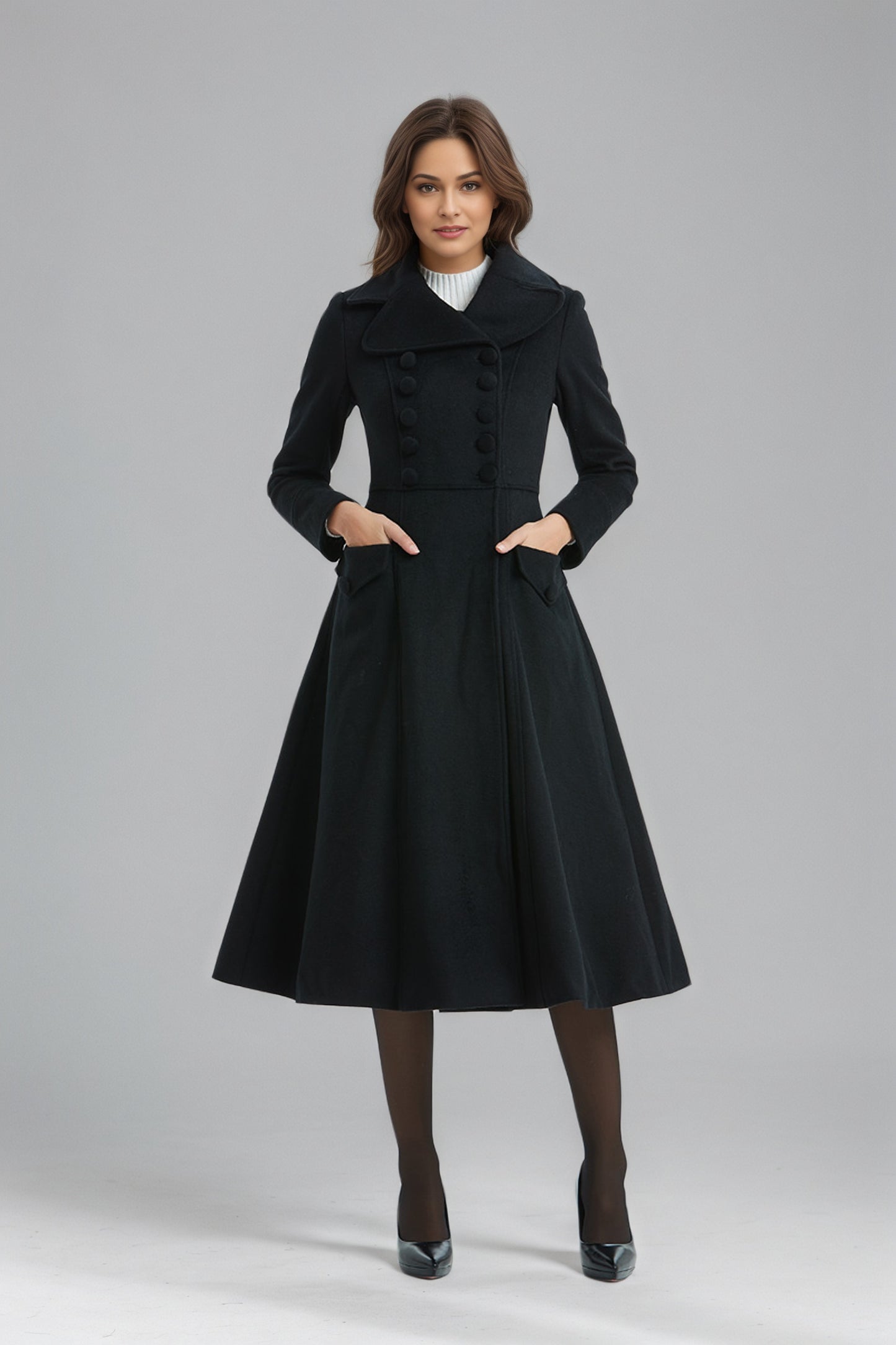 Vintage Black Midi Wool Coat for Winter-Women C5137