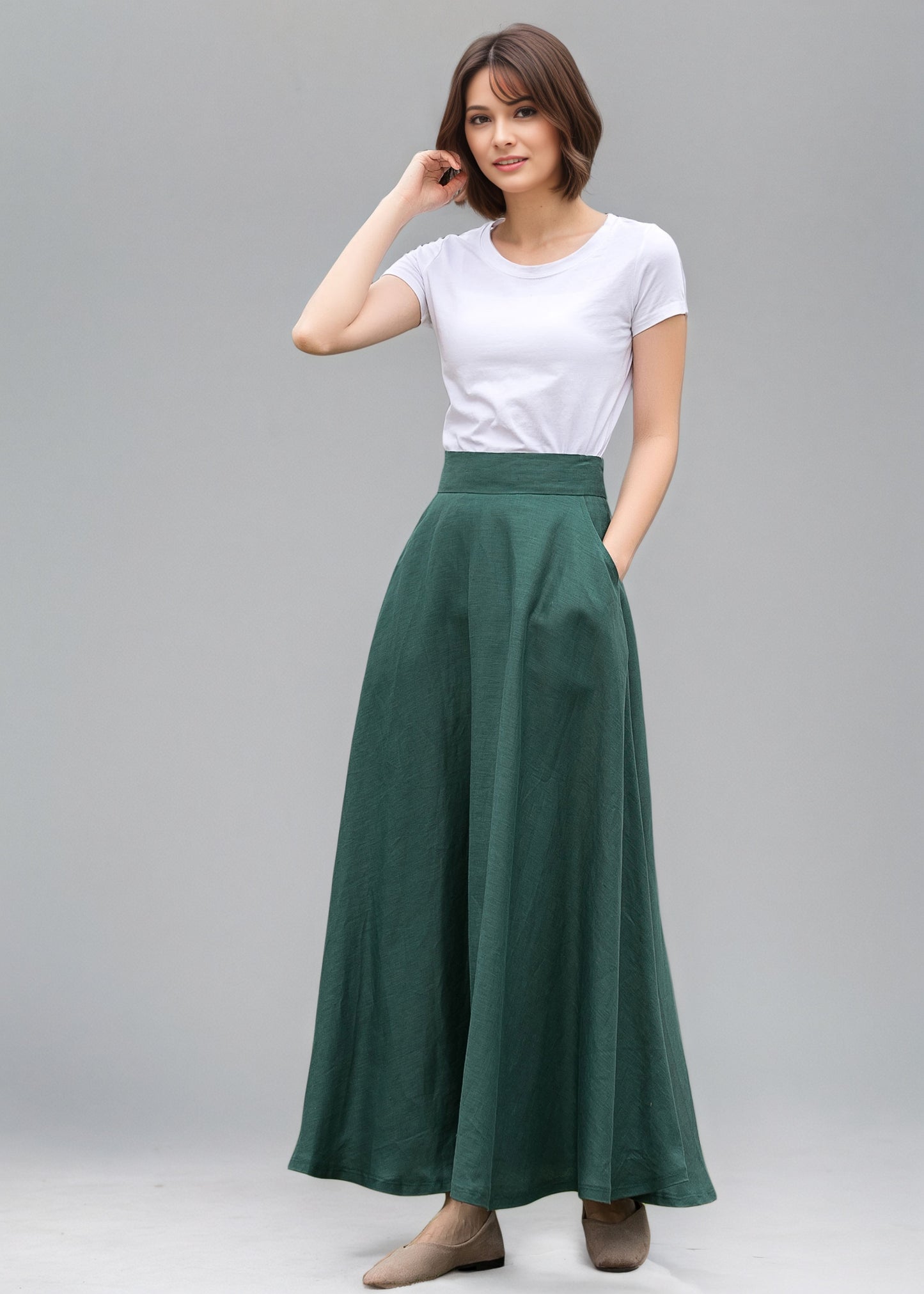Summer Autumn Women Linen Skirt With Pockets C5145