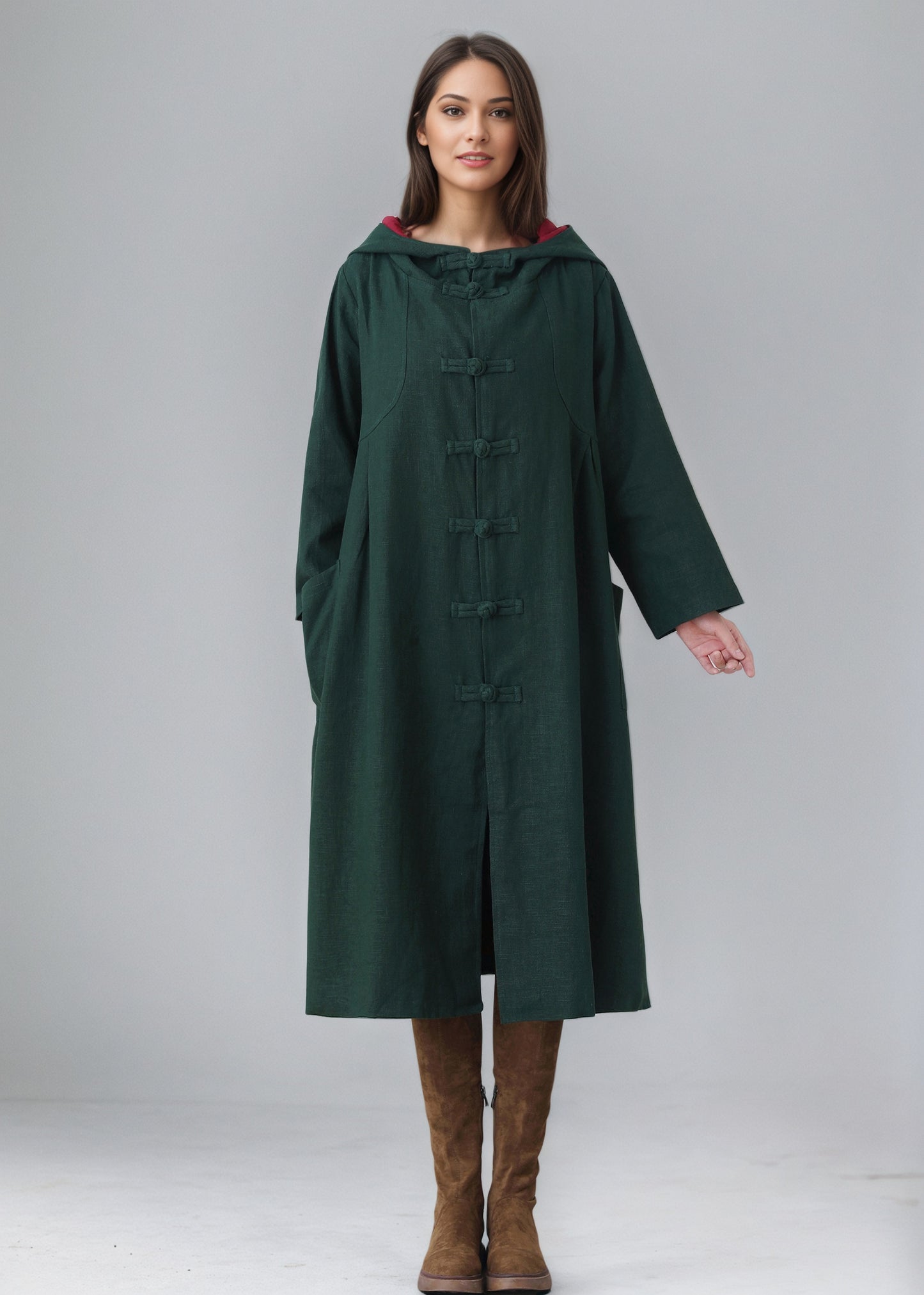 Women's Oversized Hooded Linen Jacket, Green Linen Cape Coat C5148