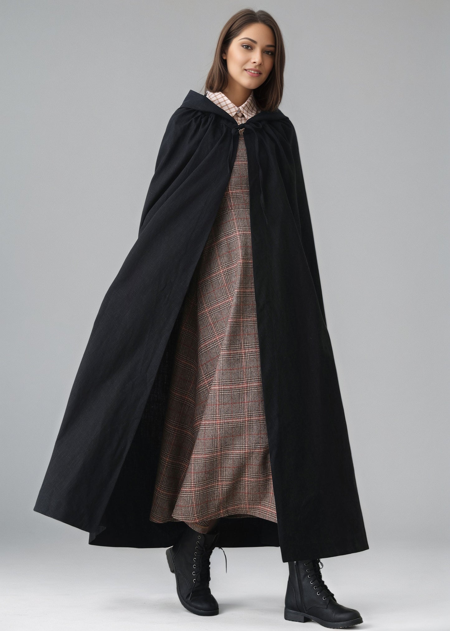 Black Medieval Hooded Linen Cape Cloak C5149