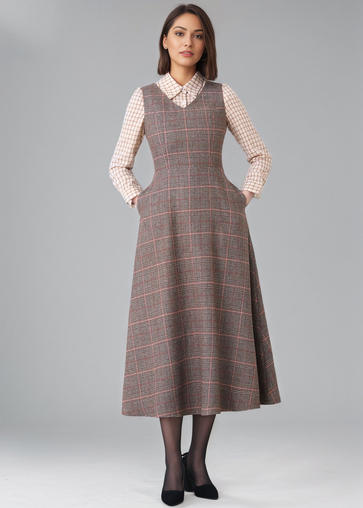 Winter Sleeveless Plaid Wool dress Women C5150