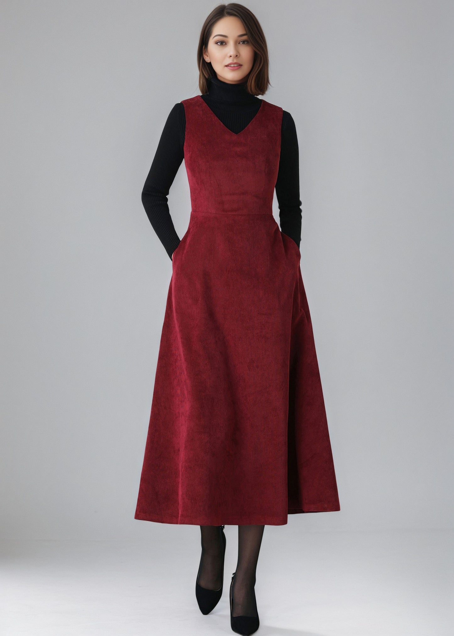 Red Long Corduroy dress, Womens Sleeveless Corduroy dress C5153