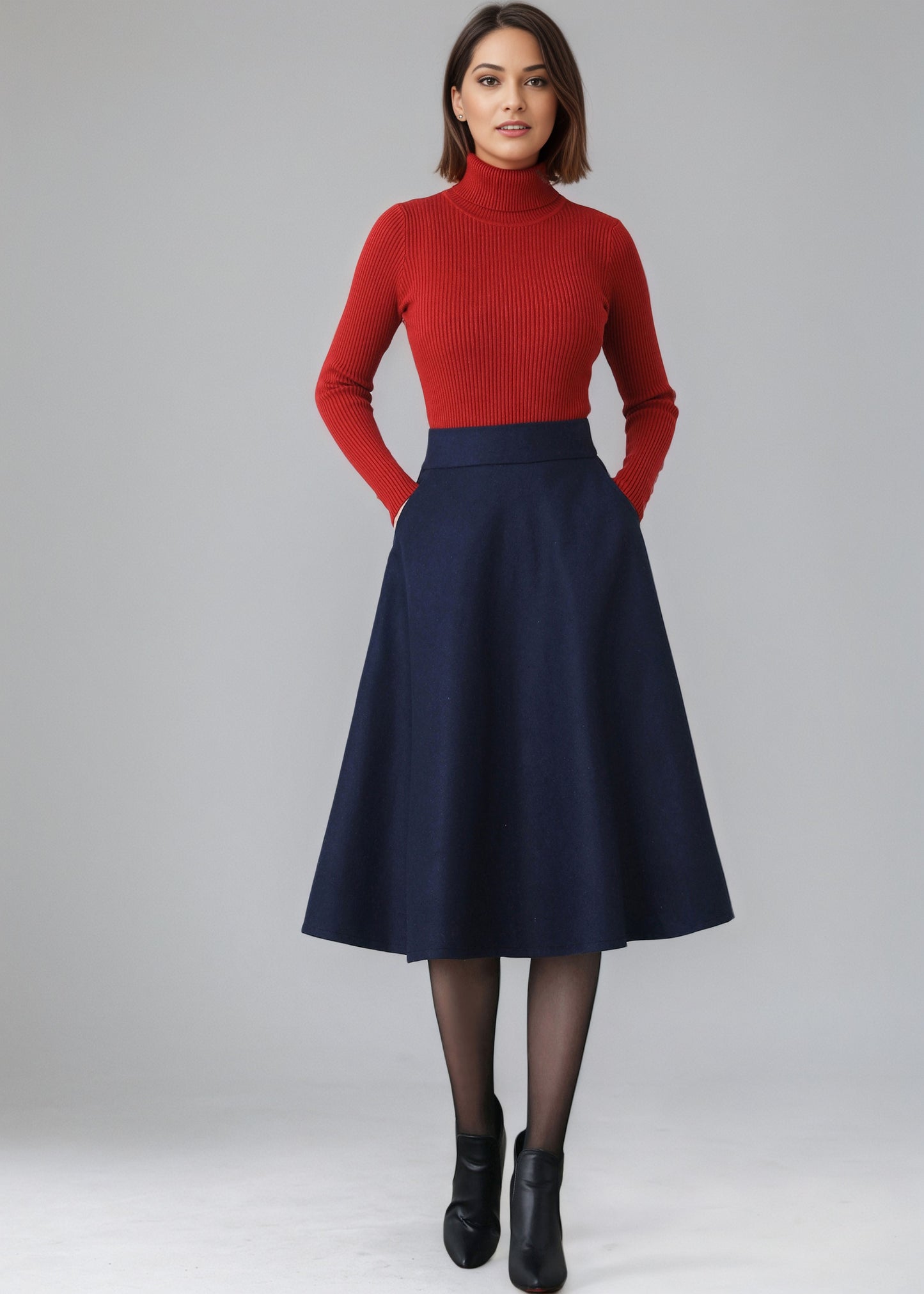 Dark Blue A Line High Waist Wool Skirt Women C5154