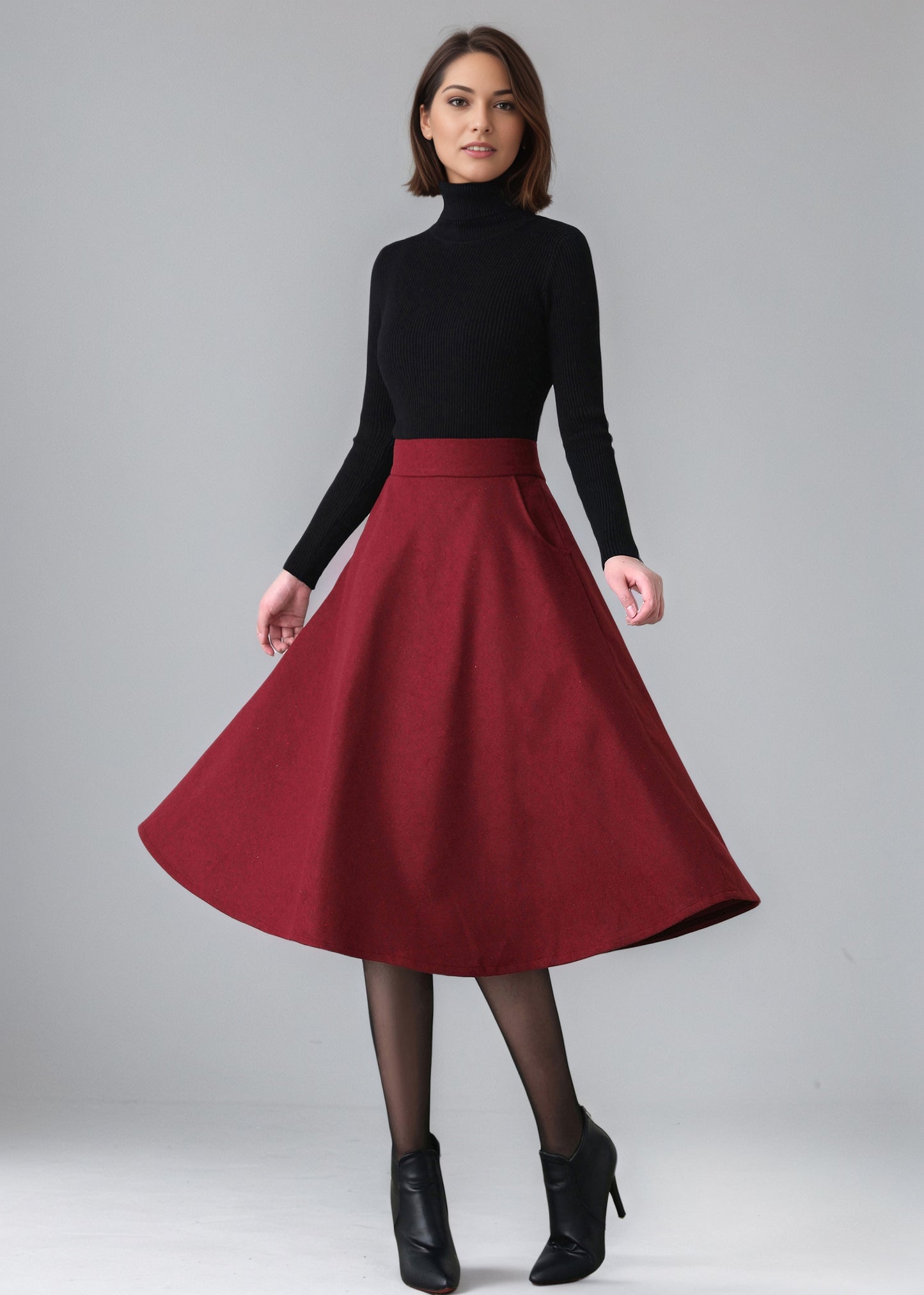 Midi High Waist Wool Skirt With Pocket C5155