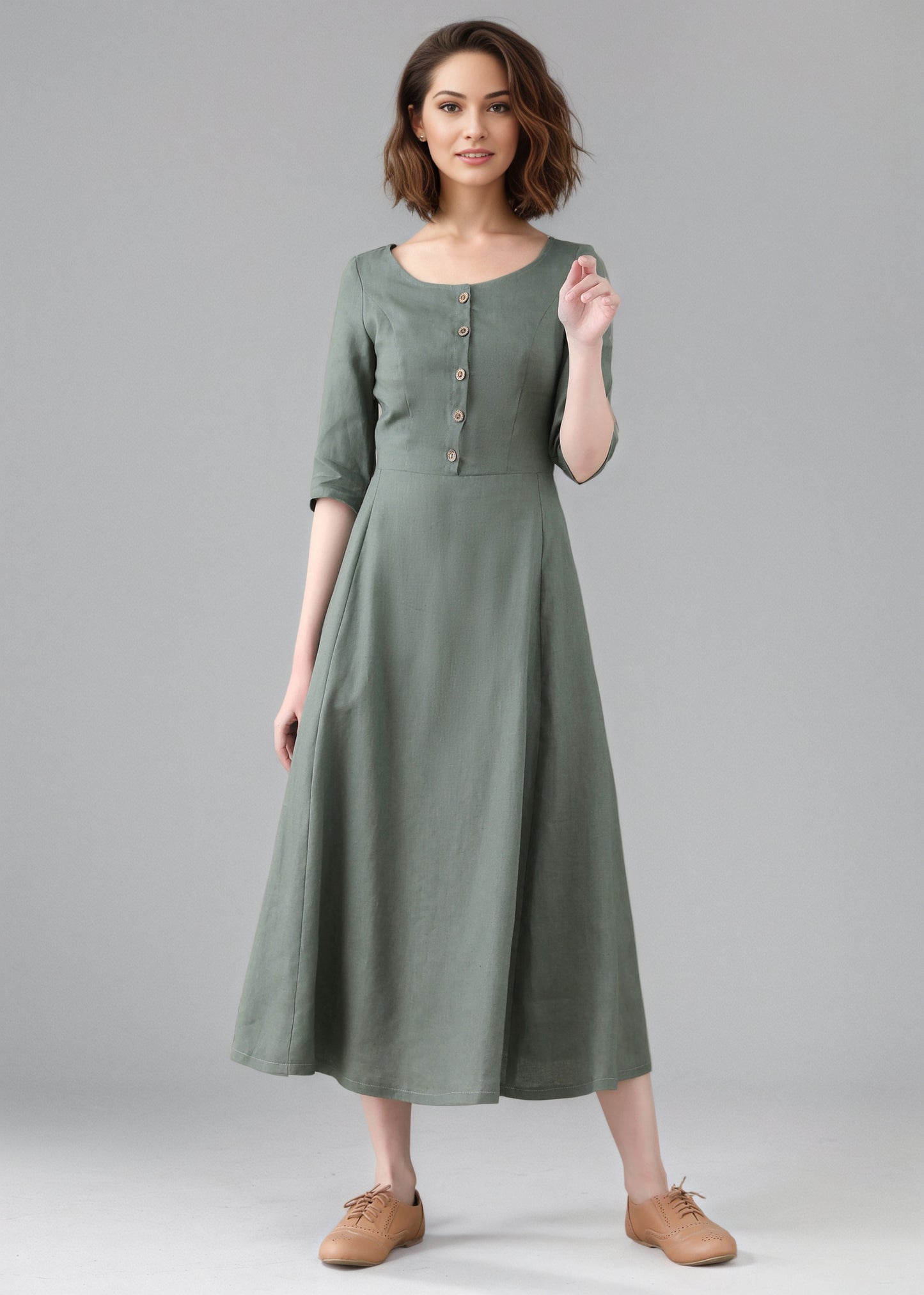 Fit and Flare Long Button Front Dress with Half Sleeves C5159