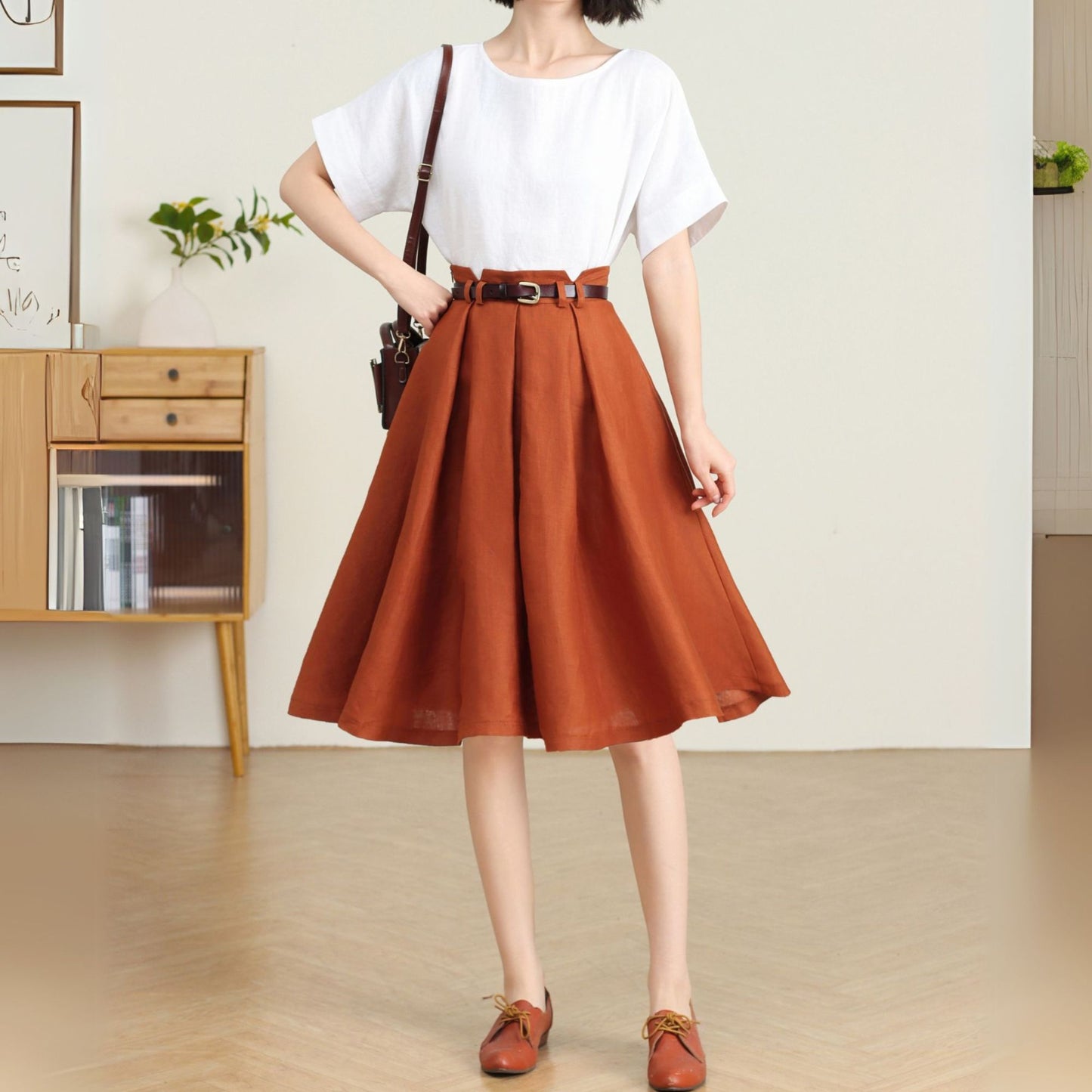 Orange Linen Skirt for Women C4732