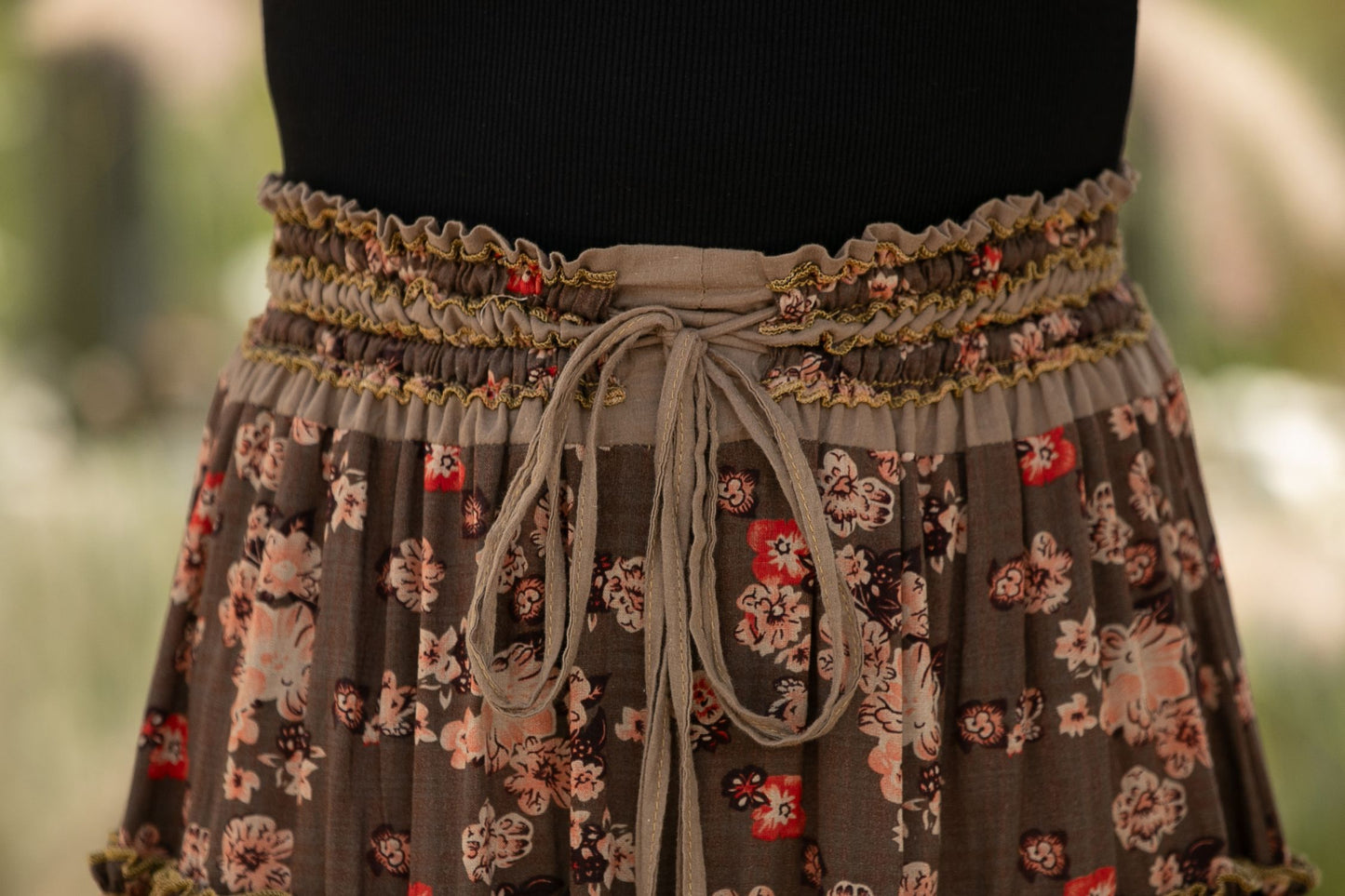 Brown Cotton Maxi Skirt - Floral Print, High Waisted Pleated c5440