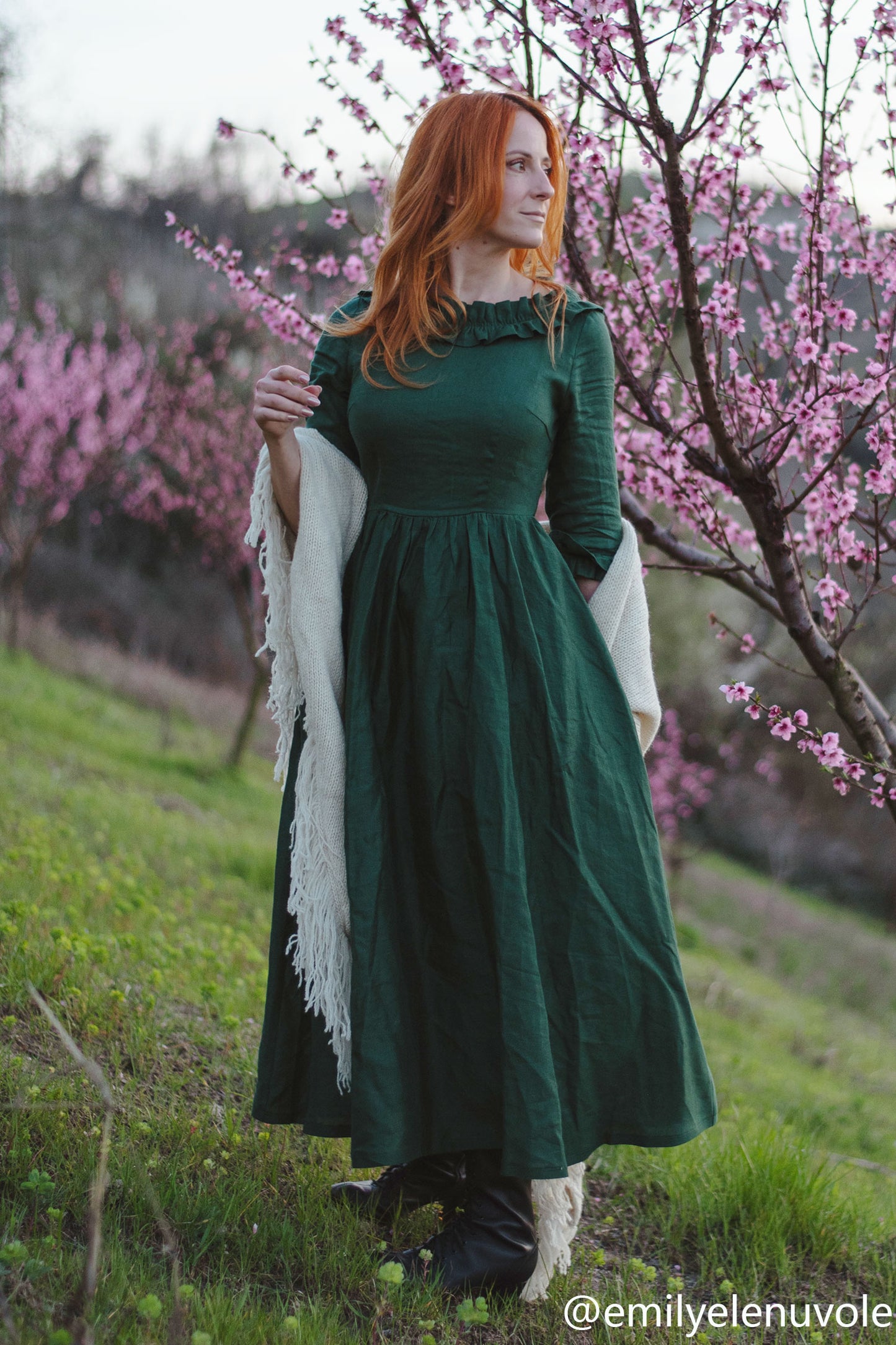 Linen maxi dress with ruffle for women c3955