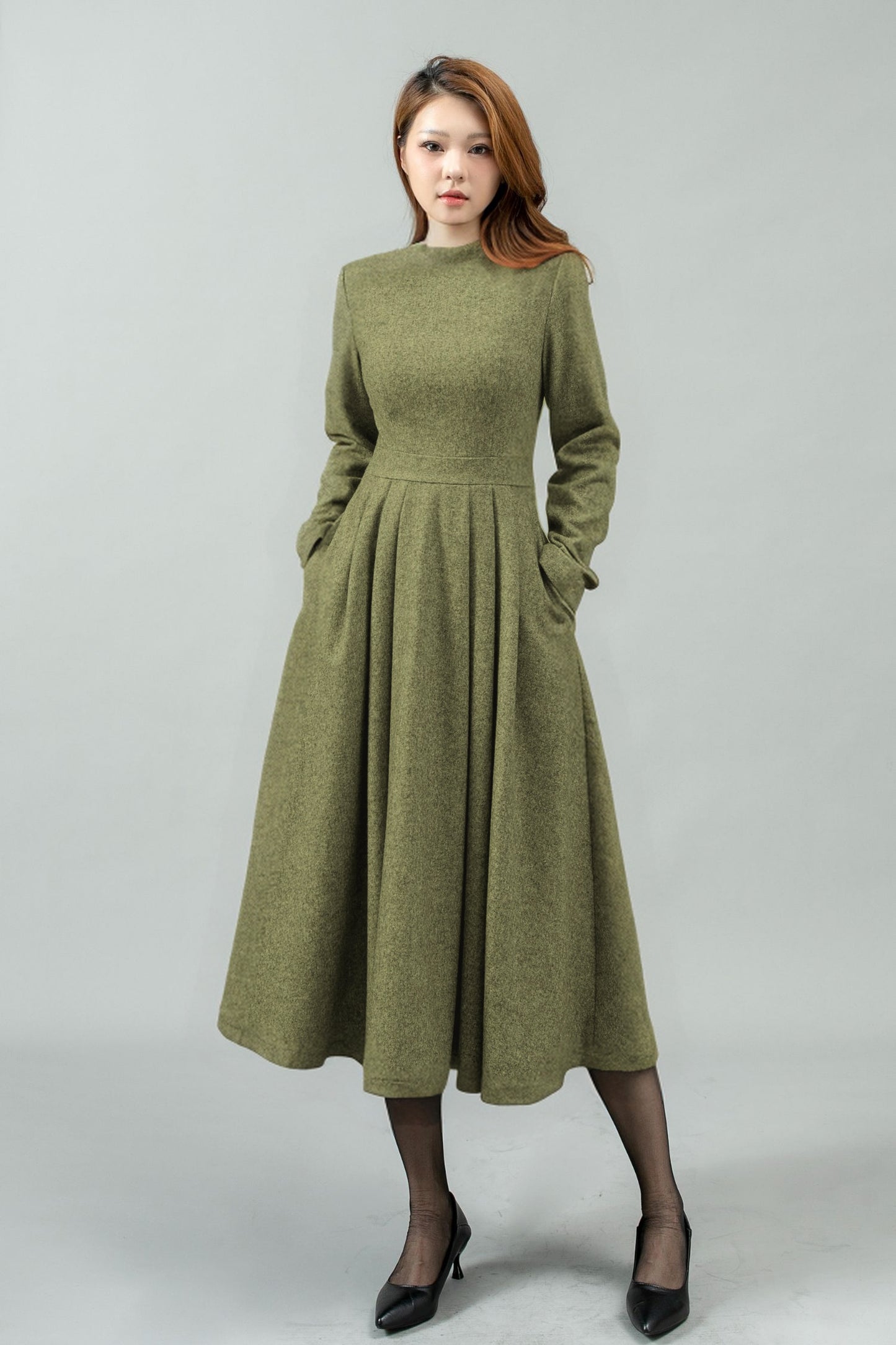 Women Swing Long Winter Wool Dress C4442