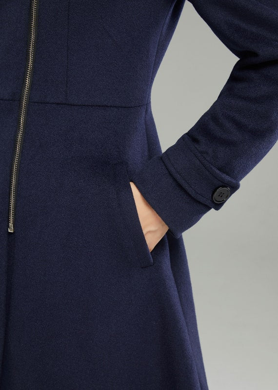 Blue Wool Coat - Asymmetrical Hem and Zipper Closure C4958
