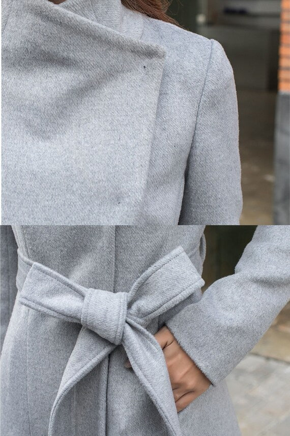 Gray Wool A-Line Long Coat - Wrapped Waist Detail C4373