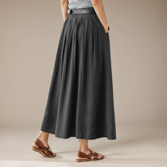 Brown Cotton Linen Maxi Skirt - Pleated A-Line Flared Silhouette C5007