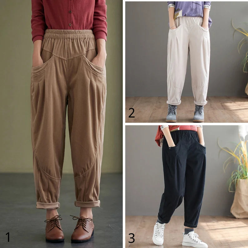 Autumn winter Loose fit Elastic High waist Khaki Corduroy Pants C2433