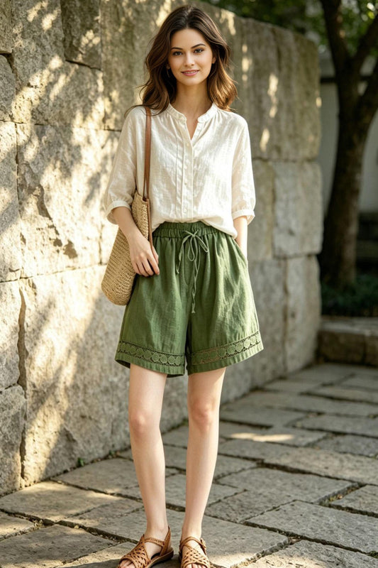 Olive Green Linen Shorts for Women, Boho High Waisted Summer Shorts with Lace Trim, Custom Shorts, Ylistyle C5532