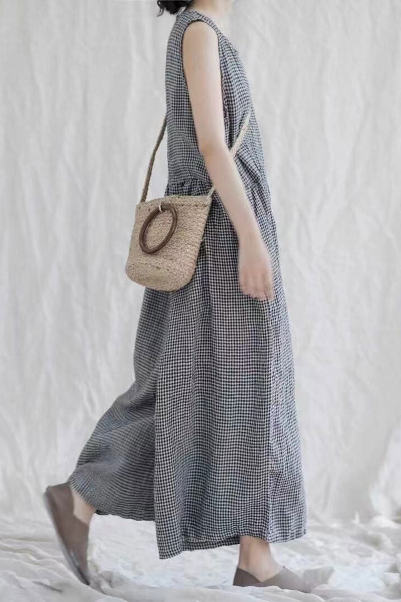 Casual Black Plaid Sleeveless Cotton Linen Jumpsuits C2379