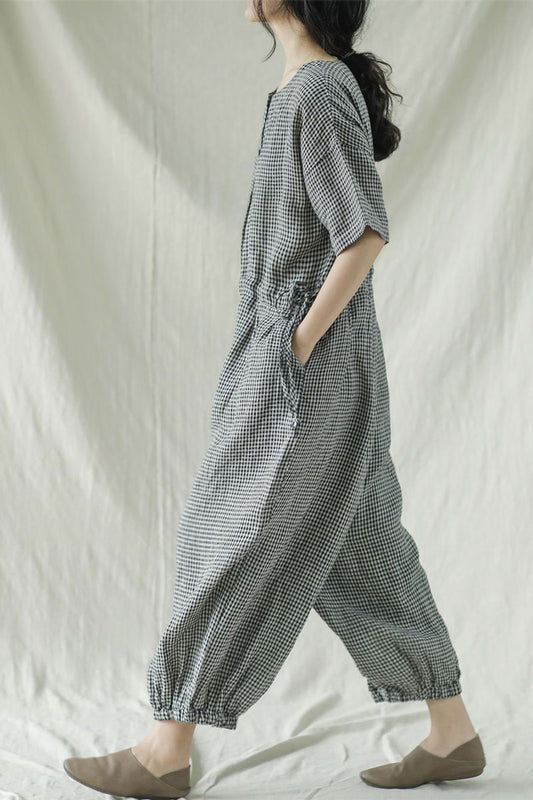 Black Cotton Linen Jumpsuit - Plaid Loose Fit with Side Pockets C2387