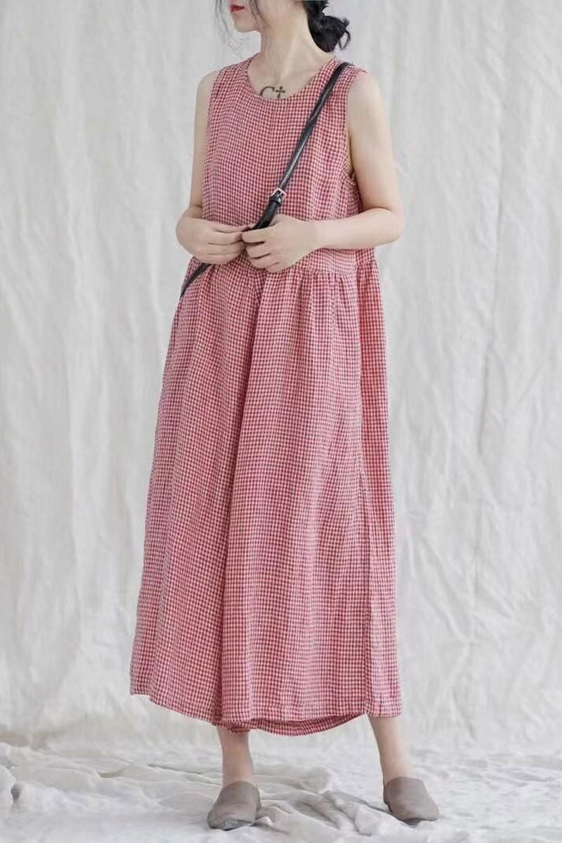 Casual Red Plaid Sleeveless Cotton Linen Jumpsuits C2378