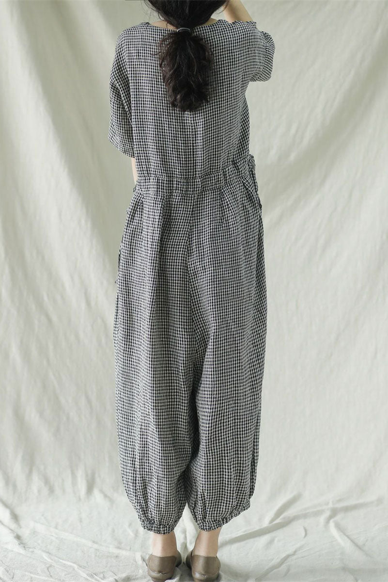 Casual Black Plaid Cotton Linen Jumpsuits C2387