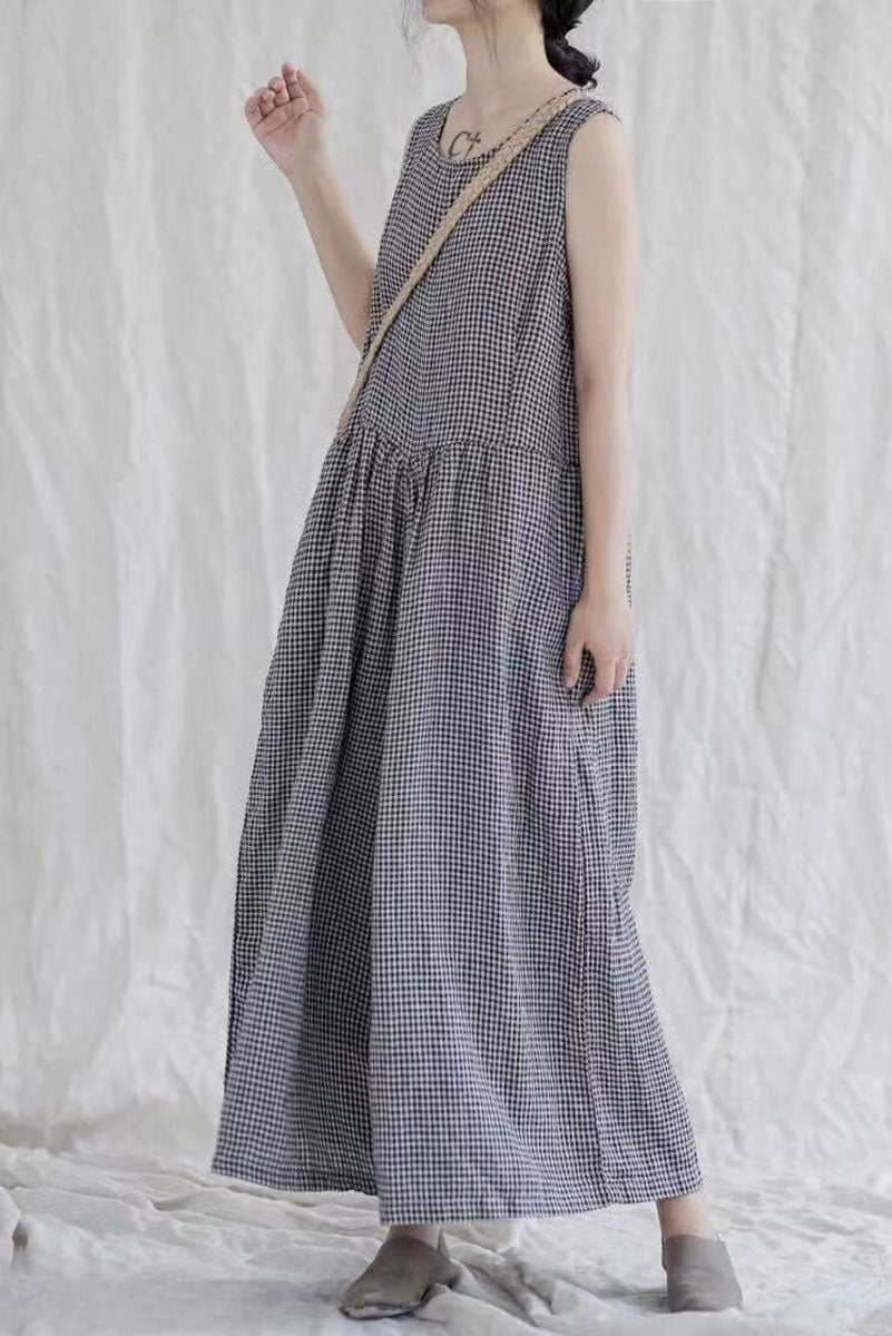 Casual Black Plaid Sleeveless Cotton Linen Jumpsuits C2379