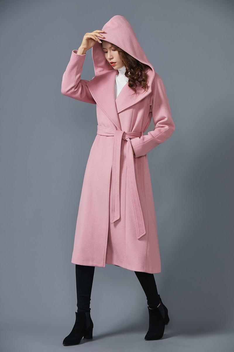 Pink wool hooded long winter coat coat with pockets waist belt handmade  coat C1617