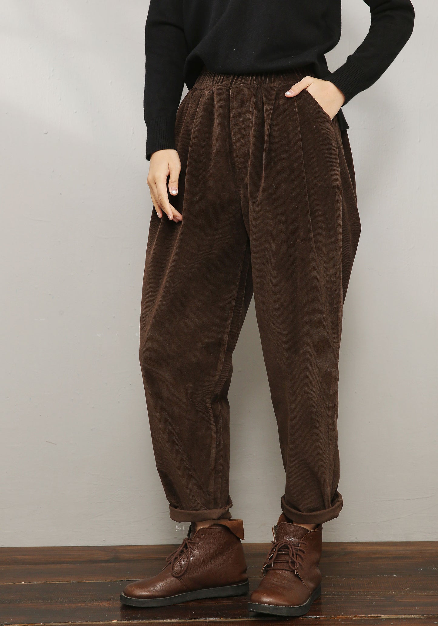 Brown Elastic Waist Corduroy Pants C196301
