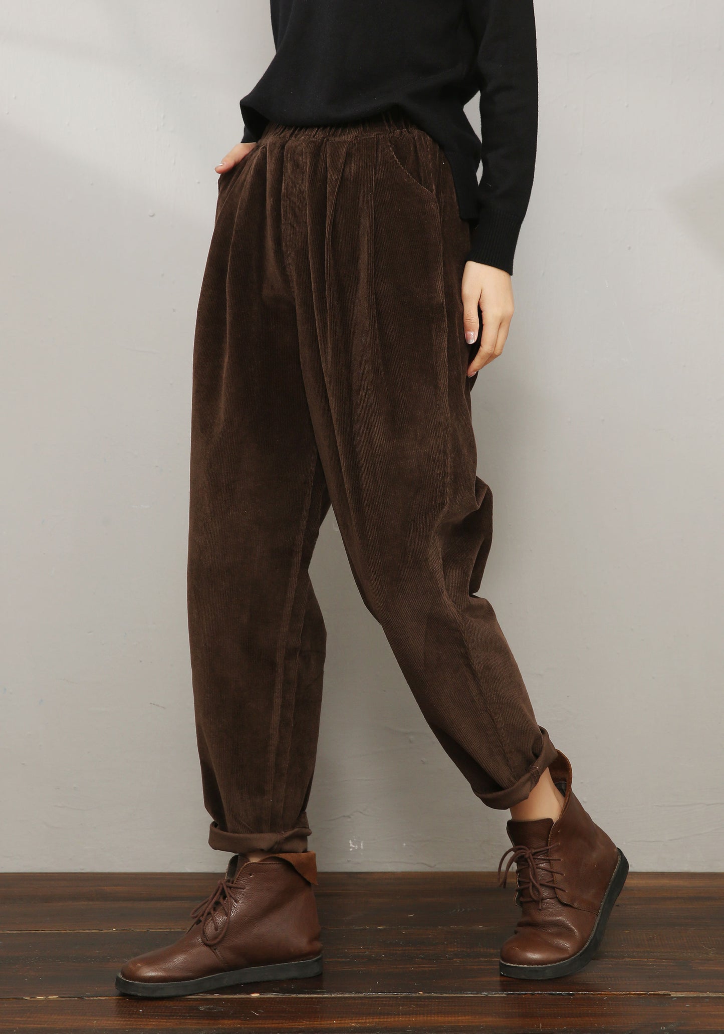 Brown Elastic Waist Corduroy Pants C196301