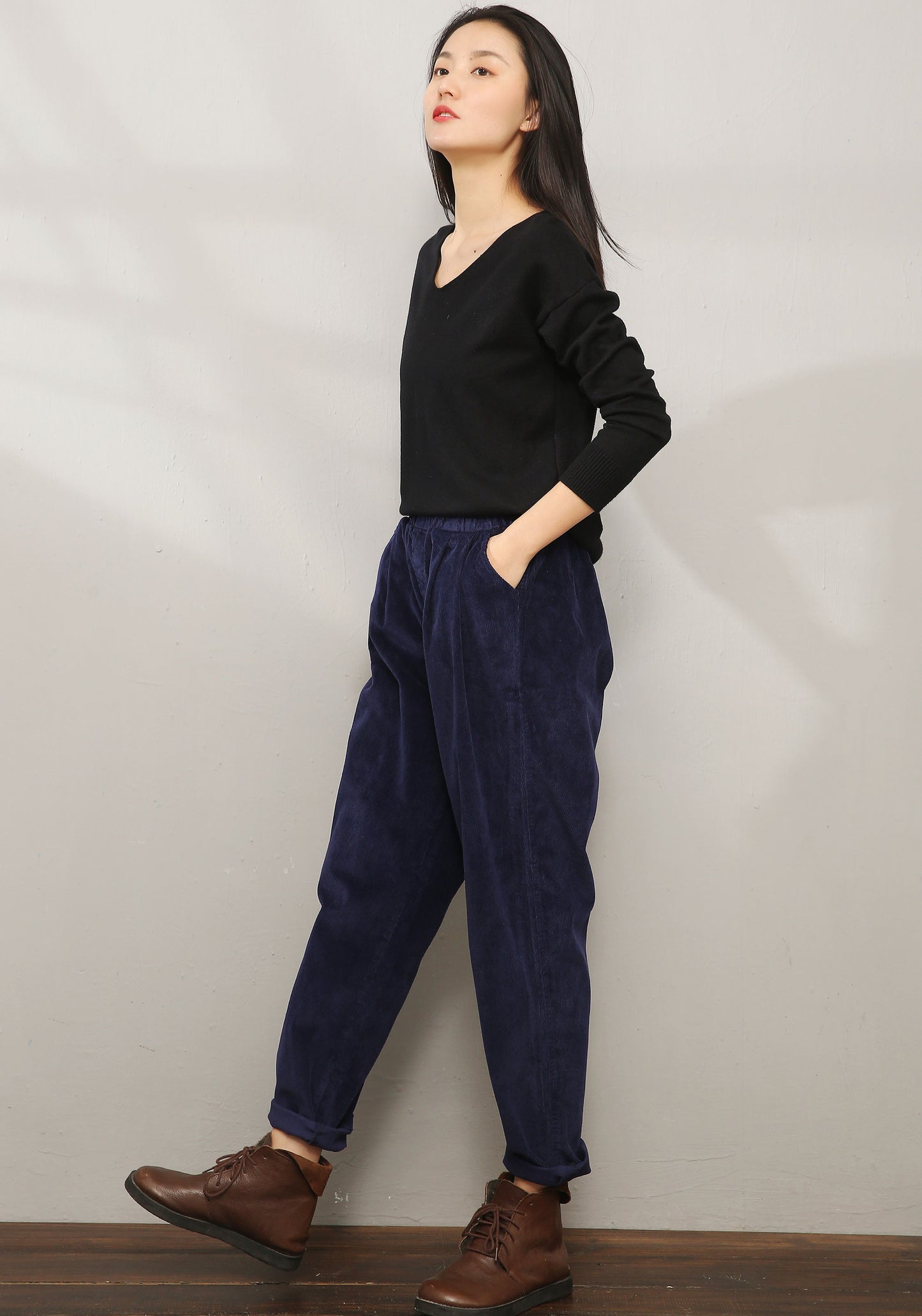 Blue Elastic Waist Corduroy Pants C196401