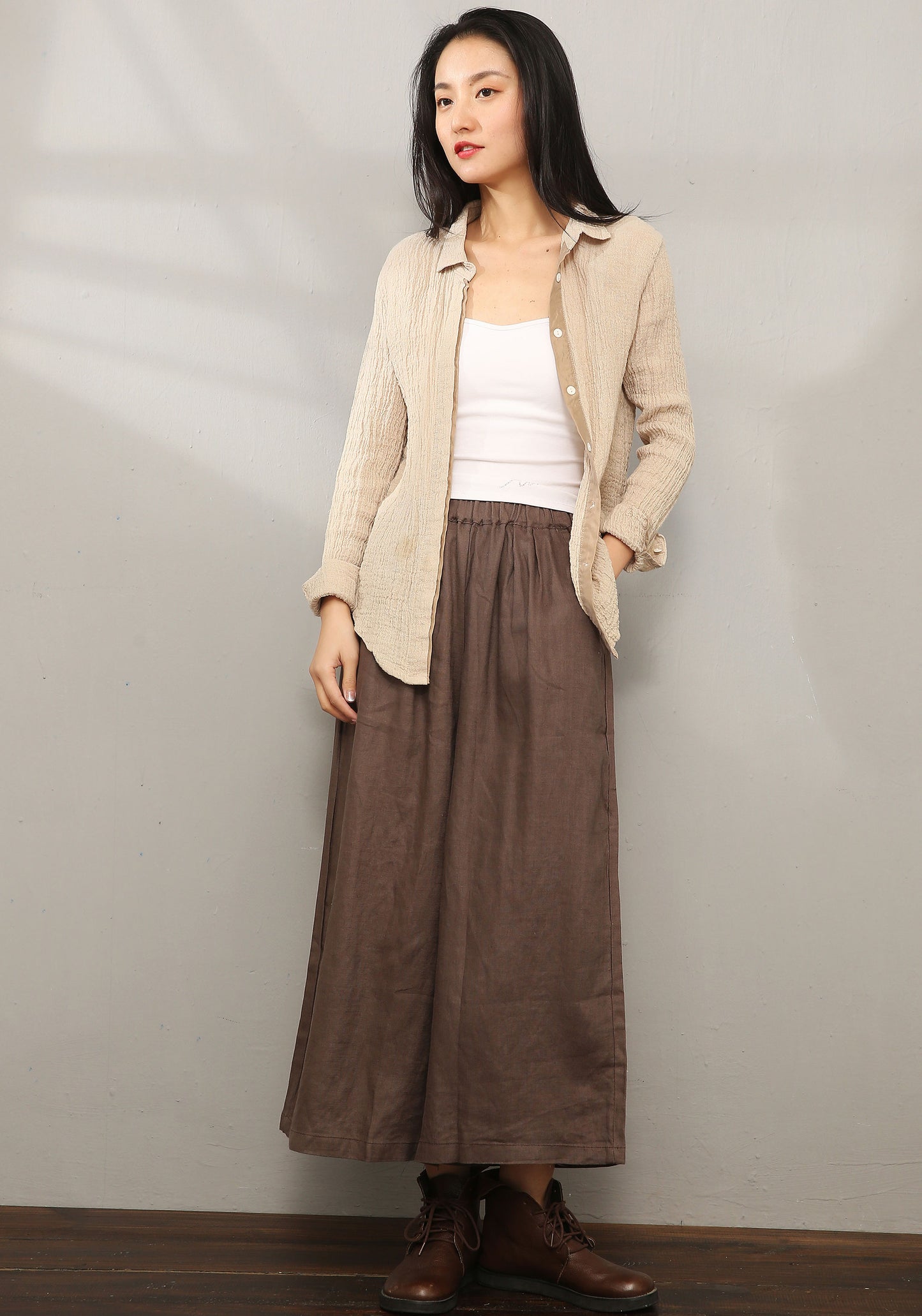 Brown Palazzo Linen Pants C196601