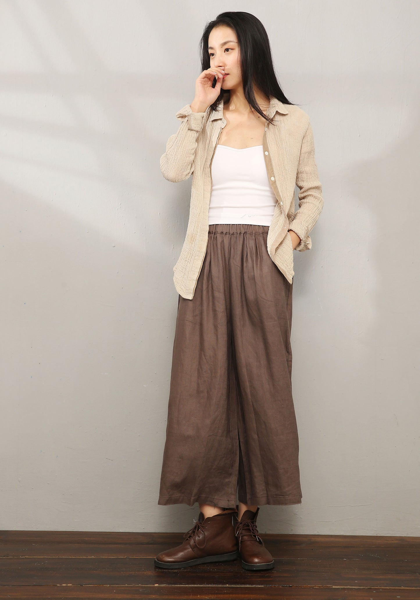 Brown Palazzo Linen Pants C196601