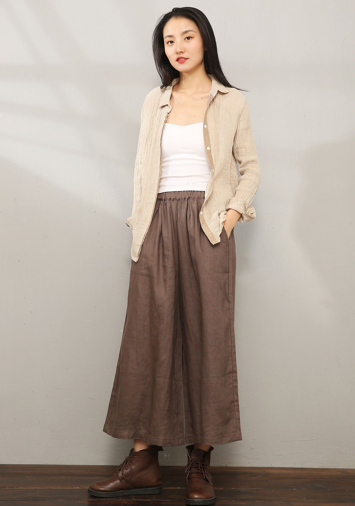 Brown Palazzo Linen Pants C196601