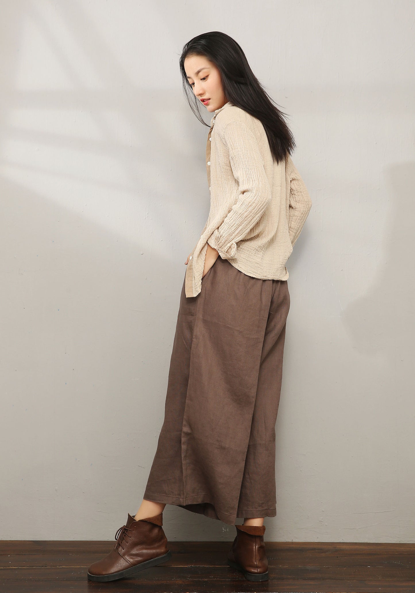 Brown Palazzo Linen Pants C196601